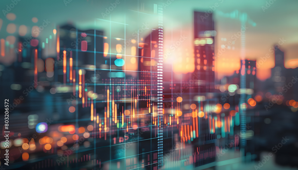 Futuristic Cityscape with Glowing Financial Graph Overlay