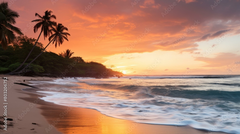 Beach sunset landscape with palm trees