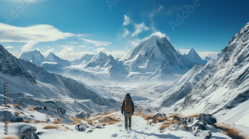 A lone hiker traverses the snow-capped mountains.