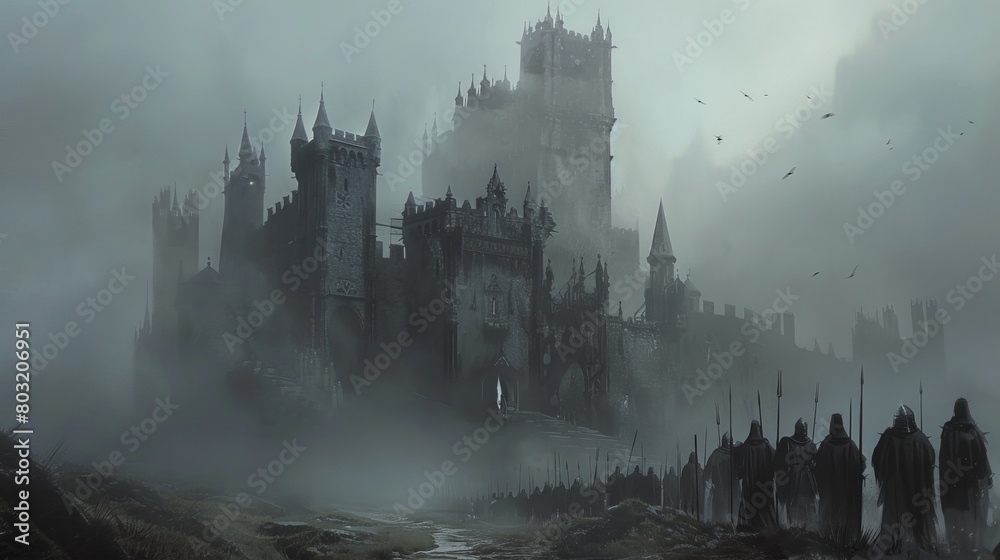 Concept Art of a medieval regiment assembled before a gothic castle, in a foggy, monochromatic, and atmospheric setting