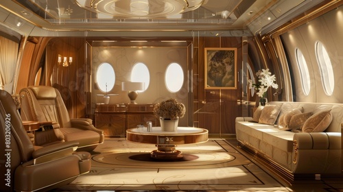 Concept Art of a luxury private jet interior designed for a state guest  using an Art Deco elegance theme with glossy finishes and subtle  luxurious textures