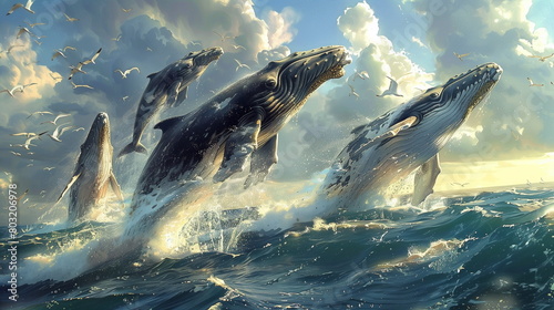 A pod of whales elegantly dressed in beach robes, breaching gracefully in the shimmering waters just off the coast.