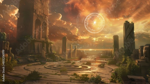 Concept Art of a sundial in an ancient civilization setting, featuring magical realism with ethereal celestial bodies and detailed, historical reimaginings