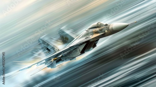 Digital Sculpture of an interceptor aircraft executing a precision strike, captured in a photorealistic style with dynamic, blurred motion effects