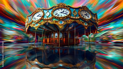 Mesmerizing Carousel of Clocks Swirling in a Dreamlike Digital Surreal Landscape with Vibrant Psychedelic Reflections and Abstract Patterns