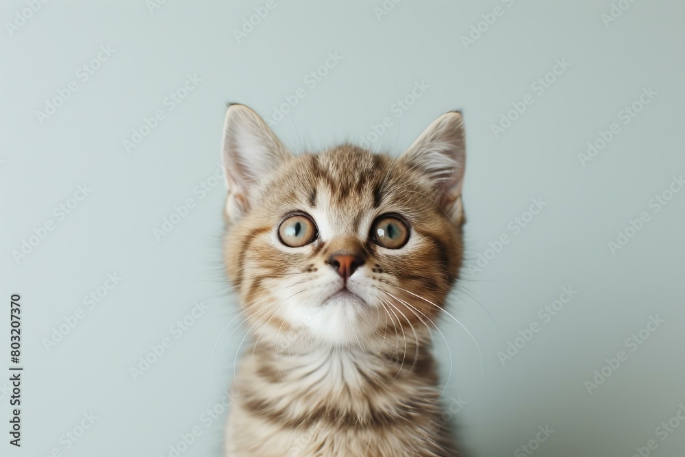 A cute tabby kitten with wide open eyes looking up A cute tabby kitten with wide open eyes looking up