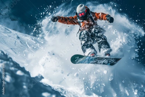 A snowboarder jumps off a snowy mountain