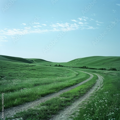 Curving dirt road through grassy hills