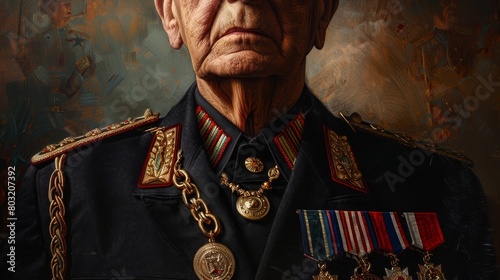 Realism painting of a veteran soldier, focusing on detailed medals and uniform textures, set against a softfocus, historical backdrop