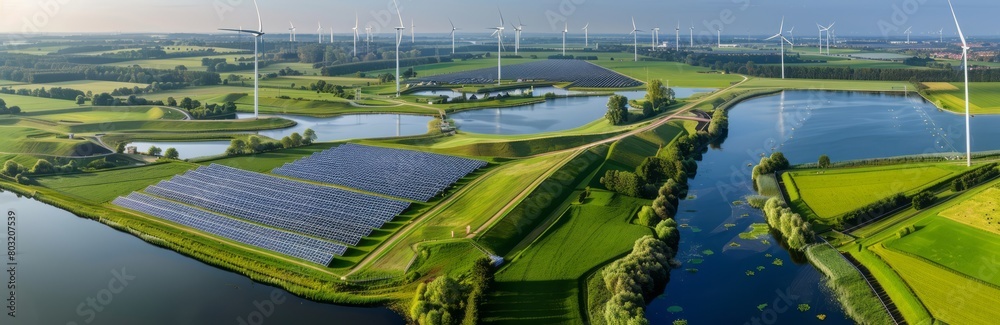 Obraz premium A panoramic view of an open field with solar panels and wind turbines, symbolizing sustainable energy solutions