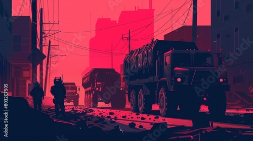 Vector Art of a military transport convoy in a dystopian society, using a minimalistic, highcontrast style with stark lighting