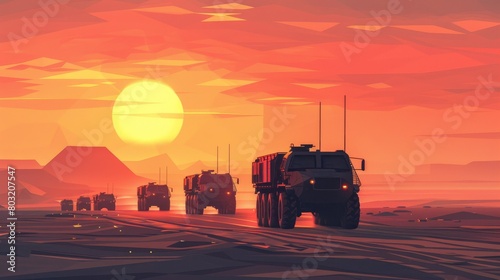 Vector Art of a mobile artillery convoy on a desert battlefield, using a minimalist, geometric art style with a dramatic, highcontrast sunset photo