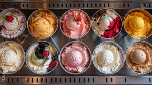 Display of different ice cream flavors in a gelateria, square metal containers photo