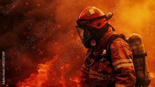 A firefighter wearing a helmet and holding a fire hose in front of a backdrop of flames