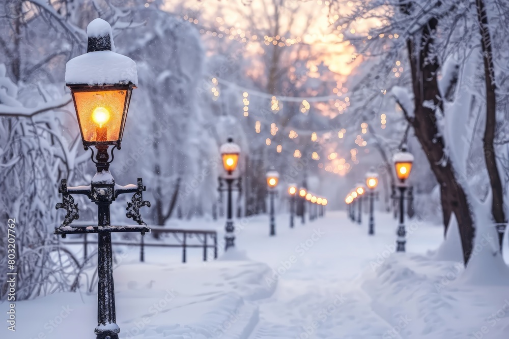 A street light stands in the midst of a snow-covered park, illuminating the winter scene