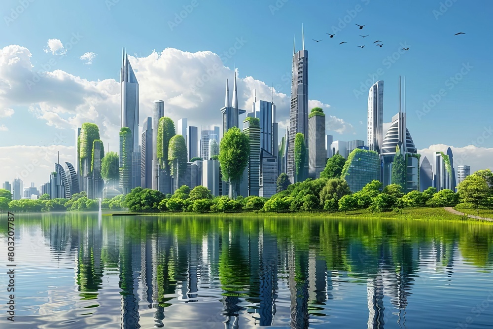 futuristic eco city skyline panorama with skyscrapers towers and river embankment sustainable urban architecture concept 3d illustration