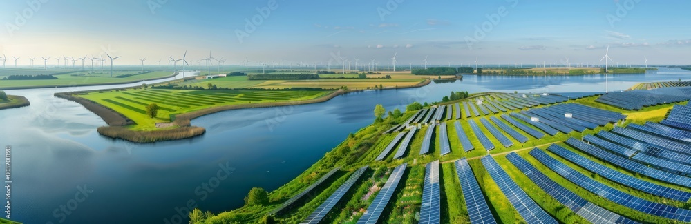 A panoramic view of the Dutch countryside, showcasing solar panels and wind turbines in use for sustainable energy production