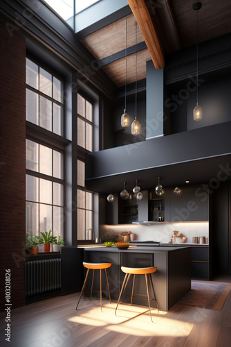 Interior studio with high ceilings, loft style, illustration generated by Ai