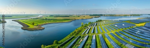 A panoramic view of the Dutch countryside, showcasing solar panels and wind turbines in use for sustainable energy production