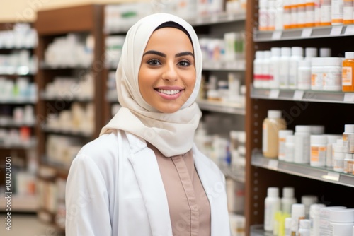 A female pharmacist wearing a white coat and a brown hijab is standing in a pharmacy.