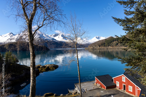 Obraz na płótnie cabin by the Holandsfjord in Nordland county.In the background is the Svartisen glacier, Norway's second largest glacier w salonie