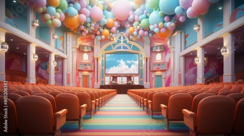 Auditorium with rainbow floor and pastel balloons photo