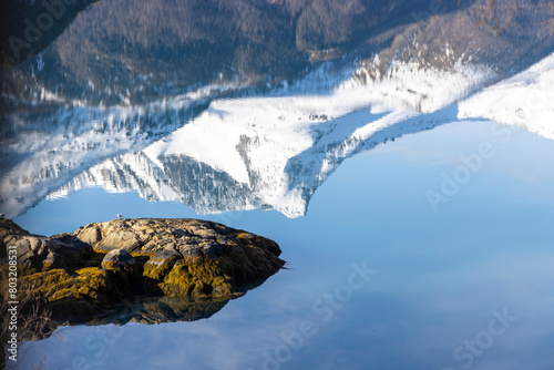 Reflection of the Svartisen glacier in the Holandsfjord in Nordland county, Norway photo