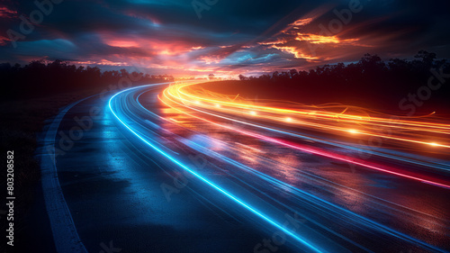Light streaks forming road: Illuminated journey.generative ai