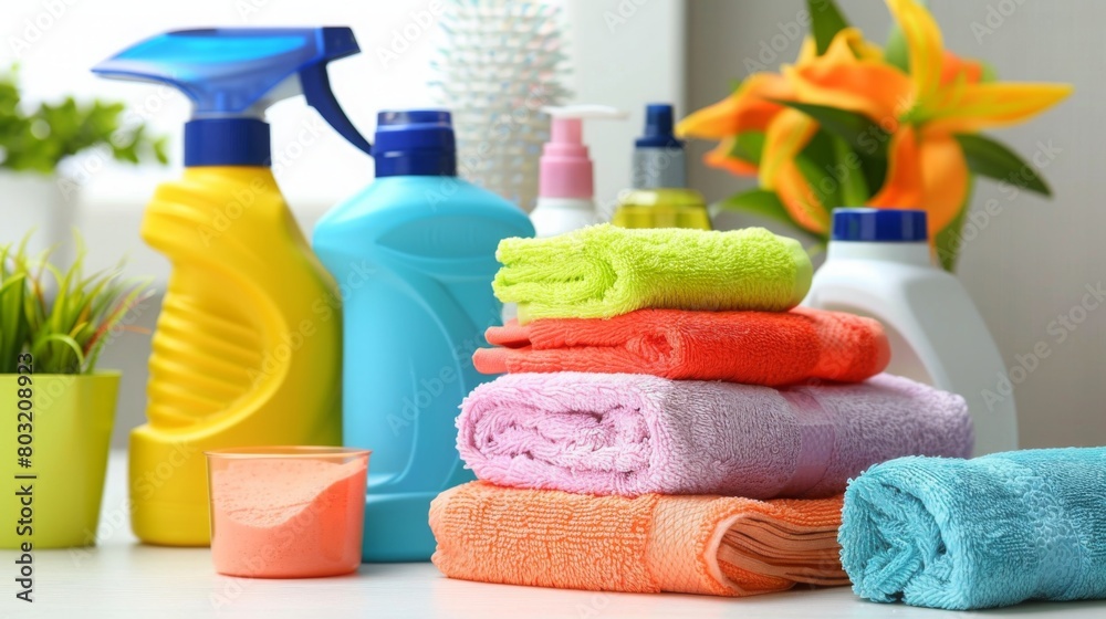 A neatly stacked assortment of vibrant towels with various cleaning products and flowers in the background. A neatly stacked assortment of vibrant towels with various cleaning products and flowers in the background.