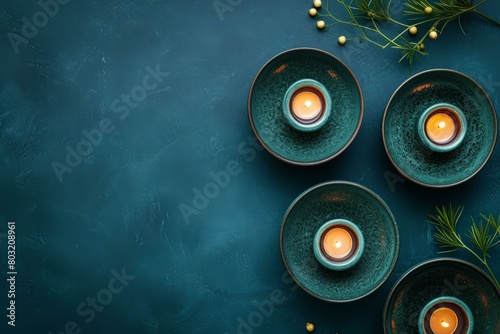 Tealight candles in ceramic bowls on dark blue background with green foliage