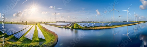 A panoramic view of the Dutch countryside  showcasing solar panels and wind turbines in use for sustainable energy production