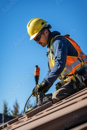 construction worker installing solar panels on a roof