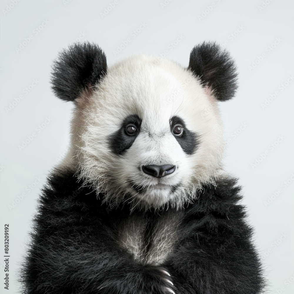 A giant panda bear cub staring at the camera with its paws together