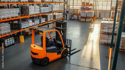 A warehouse worker operates a forklift in a warehouse full of goods. photo
