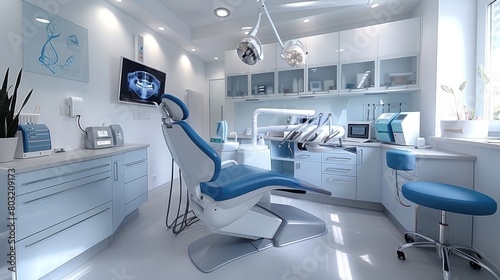 Dentists Office With Blue and White Chair