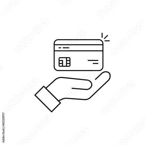 simple hand holding linear credit card. black stroke trend modern lineart membership discount logotype graphic art design isolated on white. concept of virtual marketing symbol and financial sign