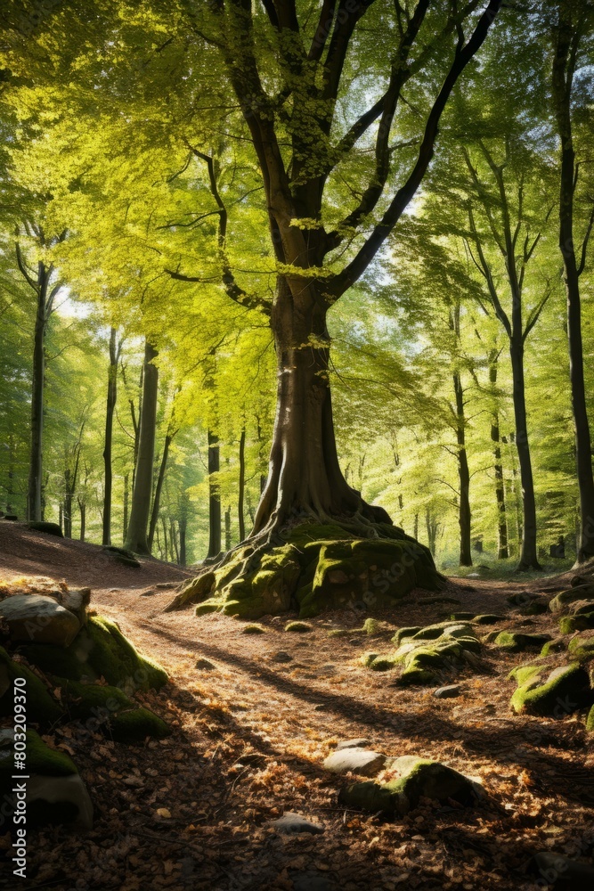 The sun shines through the green leaves of the trees in the forest The sun shines through the green leaves of the trees in the forest