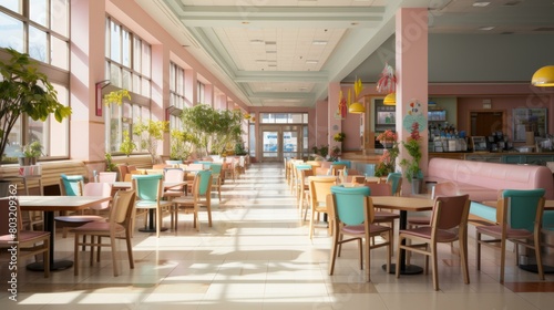 Pink retro cafeteria with large windows