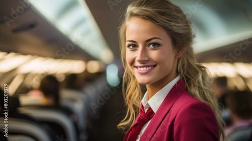Portrait of a smiling stewardess in uniform standing in the aisle of a commercial airplane