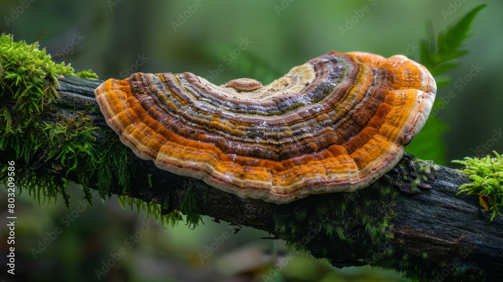 A magazine cover photo featuring a large brown Ganoderma lucidum (reishi mushroom) situated on an isolated branch covered with moss.generative ai