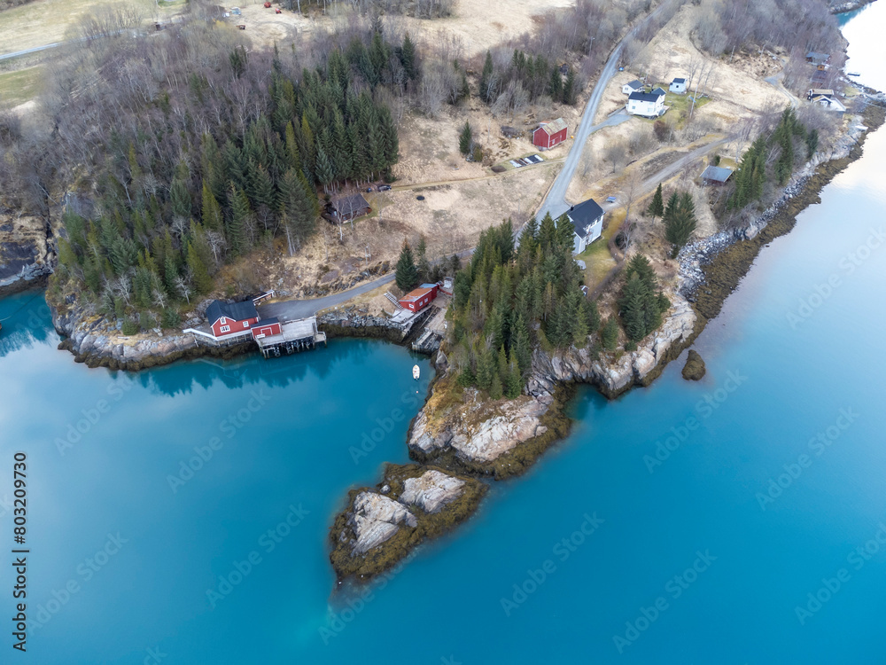 drone view of Holandsfjord and Nordfjord in Nordland county
