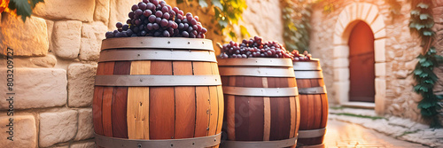 Wein Fässer aus Eichenholz alt stehen vor mediterraner Mauer bewachsen mit Reben Trauben Rotwein geschmückt warmes Klima romantischer Abend Sonne des Südens, Vorlage Hintergründe Bistro Restaurant photo