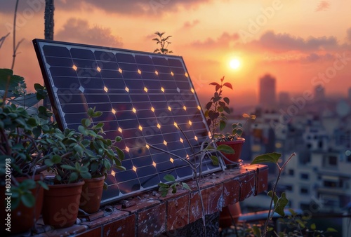 A tranquil urban balcony scene with a solar panel and potted plants against a sunset backdrop, symbolizing sustainable city living.