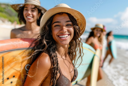 A group of women walking on a beach, carrying surfboards under their arms © pham
