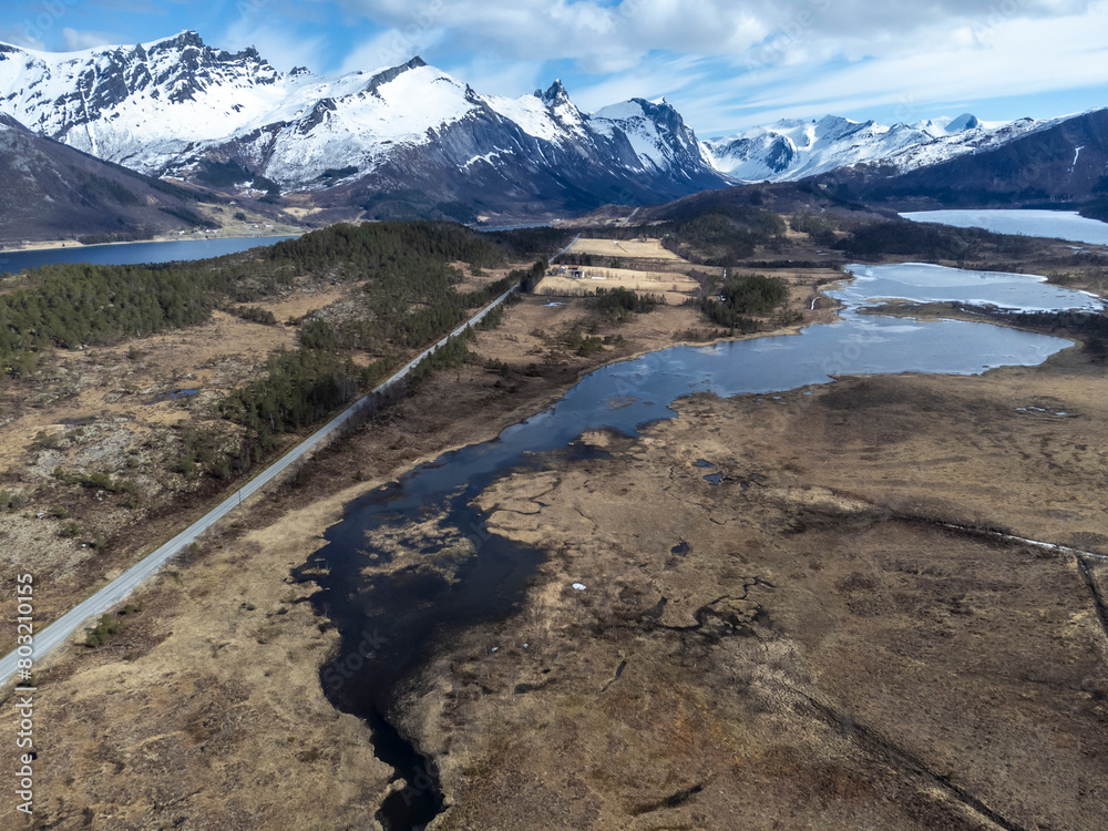 Panoramic drone view of the Bjærangfjorden in April in Nordland county, Norway