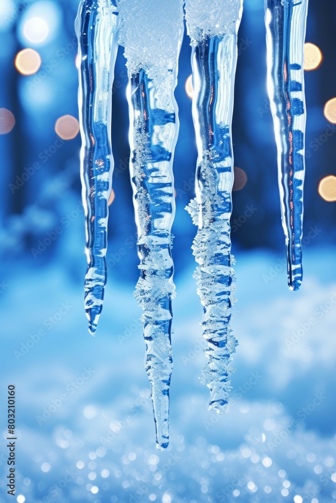Close-up of icicles hanging from a roof eave with blurred blue background Close-up of icicles hanging from a roof eave with blurred blue background