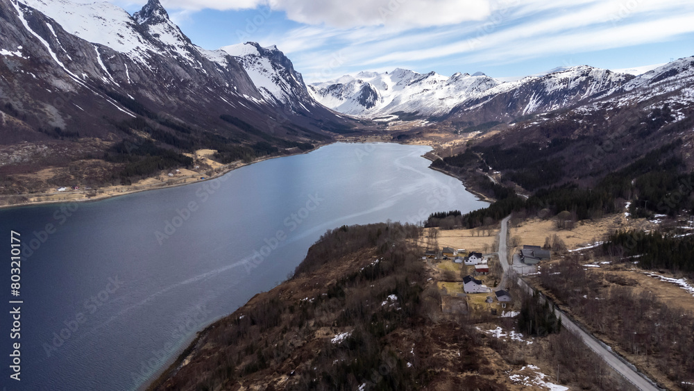 Panoramic drone view of the Bjærangfjorden in April in Nordland county, Norway