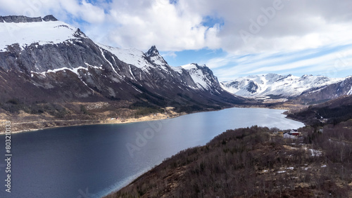 Panoramic drone view of the Bjærangfjorden in April in Nordland county, Norway © Lunghammer