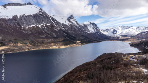 Panoramic drone view of the Bjærangfjorden in April in Nordland county, Norway