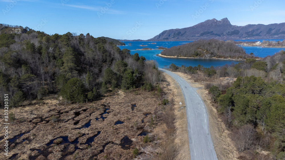 Drone shot over the islands of Storoya, Hestoya, Amnoya and Gronnoya in Nordland county, Norwa